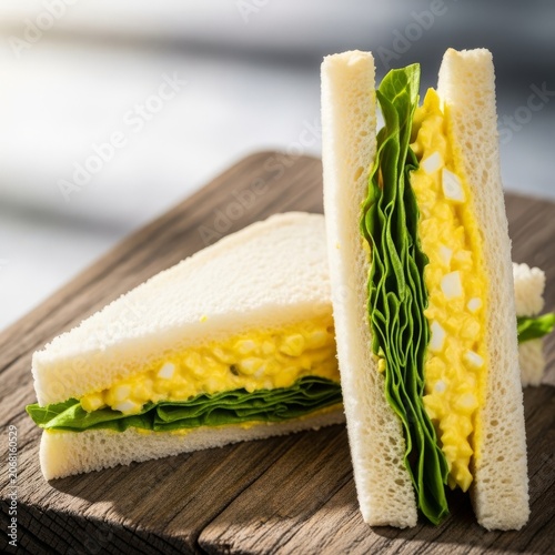 A creamy egg salad sandwich on fresh white bread with crisp green lettuce leaves, served on a rustic wooden board in soft natural light, cooking, mayonnaise, sandwich