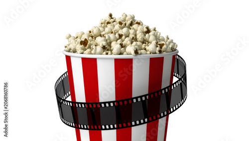 Isolated striped popcorn bucket with film strip for cinema movie night or entertainment