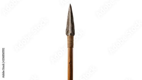 Isolated primitive stone spear, ancient hunting weapon with wooden shaft and cord binding
