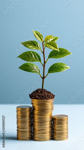 Growing plant on stacked coins shows the idea of saving and investing money