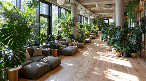 Indoor space filled with plants and seating in a modern building during daytime