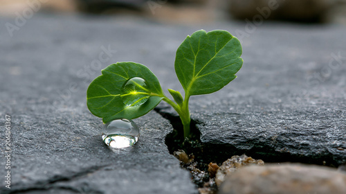 Green plant grows through stone surface in nature during daylight