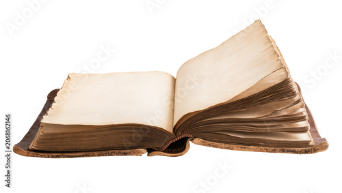 фотографія Isolated antique open book with empty, aged, and curling pages, showing its worn texture