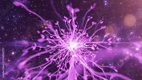 Purple Cosmic Energy Burst Expanding in Deep Space Nebula, Flying Through Glowing Celestial Neural Network