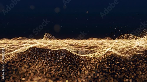 Golden Particles Flowing in Abstract Digital Waves on Dark Background, Cinematic Shimmering Dust with Bokeh Depth of Field