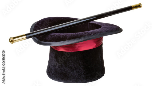Tableau sur toile Isolated vintage black plush top hat with red ribbon and elegant magician's magi