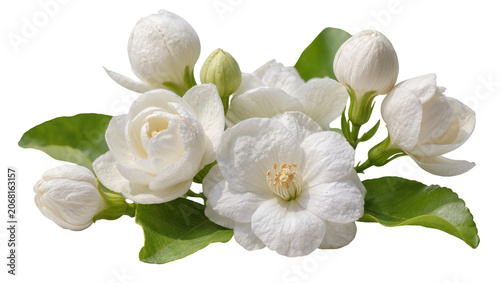 Fotografie Isolated beautiful white jasmine flowers and buds with green leaves, delicate fr