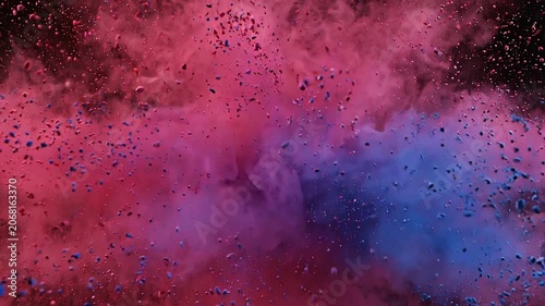 Vibrant Pink and Blue Powder Explosion Bursting Towards Camera, Isolated on Solid Black Background, High Speed Slow Motion