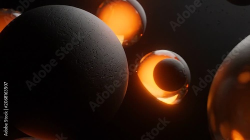 Abstract Glowing Spheres with Orange Cores Floating in Dark Space, Cinematic 3D Render Isolated on Solid Black Background