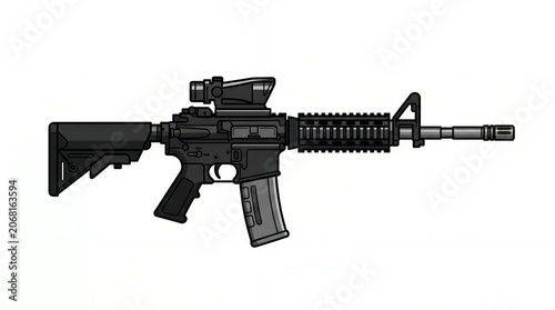 Black Tactical Rifle with Scope and Suppressor on White Background