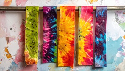 Vibrant Fruit Leather Strips in Artistic Tie-Dye Patterns, a Delightful and Healthy Snack Option