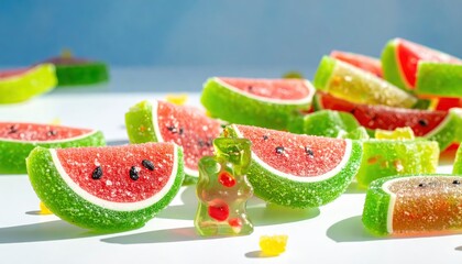 Vibrant Gummy Watermelon Slices and a Clear Gummy Bear Adorning a Brightly Lit Surface