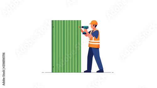 Construction worker using power drill on green metal panel vector illustration
