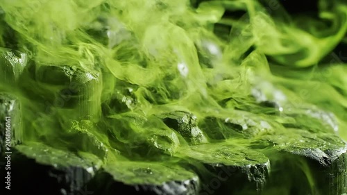 Radioactive Green Gas Swirling Over Black Hexagonal Basalt Columns, Macro Close-Up Isolated on Solid Background