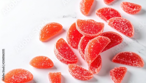 Vibrant Sugared Citrus Segments Scattered Artfully on a White Marble Surface