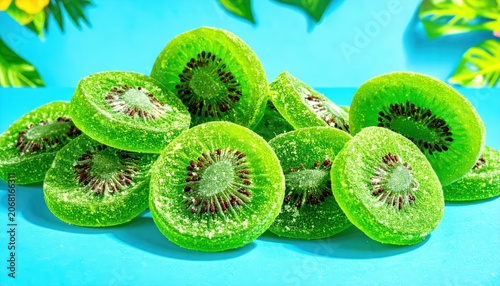 Vibrant Sugared Kiwi Slices Scattered on a Bright Blue Surface