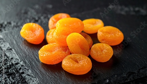 Vibrant, sun-kissed dried apricots artfully piled on a dark, textured surface, offering a healthy and delicious sweet snack.