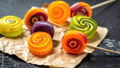 Vibrant Swirl Lollipops with Artistic Patterns on Textured Paper