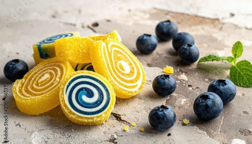 Vibrant Swirled Blueberry and Lemon Candies Scattered with Fresh Berries