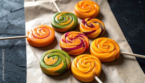 Vibrant Swirl Lollipops Displaying Artistic Patterns on Textured Surface