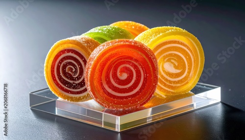Vibrant Swirled Fruit Slice Candies Presented on Clear Acrylic Stand