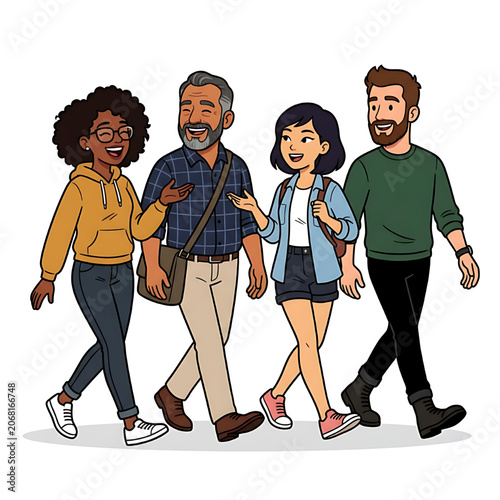 Diverse Group of People Walking Together and Talking Casually, vector cartoon. White background
