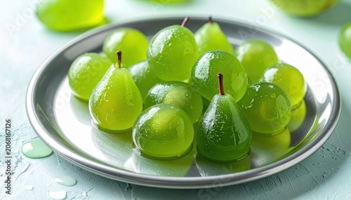 Vibrant, Translucent Green Pear Drop Candies Scattered on a Metallic Plate, Offering a Sweet and Refreshing Treat
