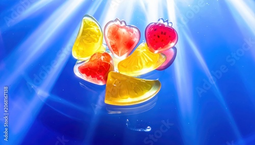 Vibrant transparent fruit-shaped jelly candies glistening in liquid with bright light rays