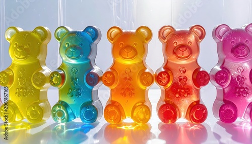 Vibrant Transparent Gummy Bears in Rainbow Colors Suspended in Clear Jelly