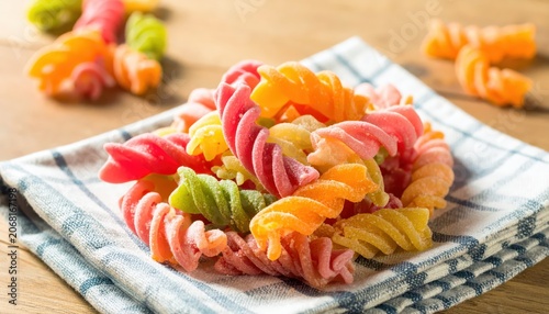 Vibrant Tricolor Fusilli Pasta Twists in Warm Inviting Light