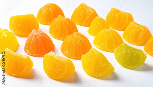 Vibrant tropical fruit gummy candies in guava and mango flavors, artfully arranged
