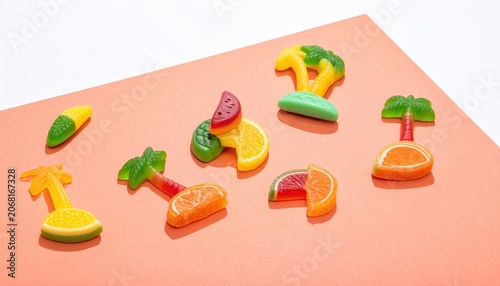 Vibrant tropical fruit gummy candies shaped like islands and palm trees on a pastel orange surface
