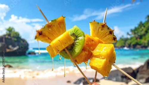 Vibrant Tropical Fruit Skewers with Pineapple, Kiwi, and Mango Drizzled on a Sunny Beach Backdrop