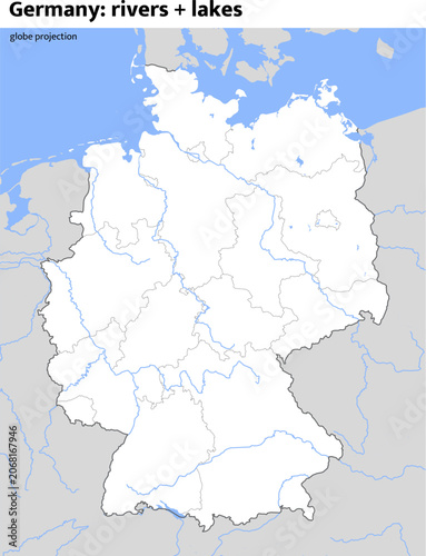 Fotografie Germany map with rivers and lakes, blank outline map of German federal states, h