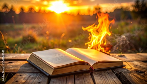 Reading Book by Campfire During Golden Hour