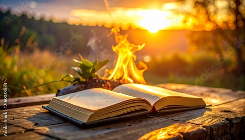 Open Book with Campfire and Warm Sunset Light Outdoors