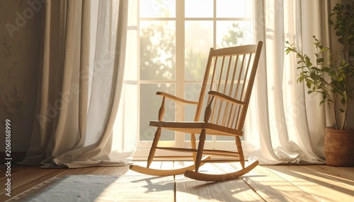 Cozy Wooden Rocking Chair by Sunlit Window in Minimal Living Room