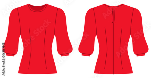 Φωτογραφία Red fitted top with long puff sleeves, structured bodice and shaping seams creating defined silhouette
