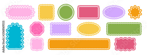 Set of cute geometric shapes with curvy edges and transparent border lines. Basic undulated forms isolated on white background. Empty stamps, stickers, tags or labels. Vector flat illustration.