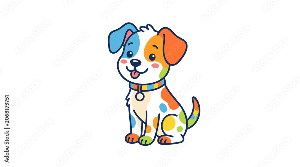 Fototapeta premium Cute cartoon dog with colorful spots and collar sitting happily with tongue out