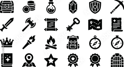 Φωτογραφία A detailed collection of black vector game icons featuring various fantasy adven