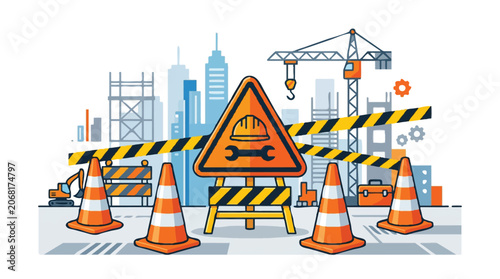 Urban Construction Site Vector Illustration with Traffic Cones and City Skyline
