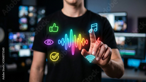 Creative remote studio man points neon media icon interface