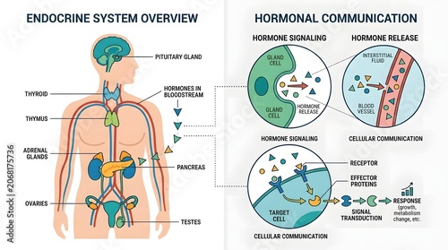 Detailed diagram illustrating the human endocrine system and the intricate process of hormonal communication and signaling within the body.
