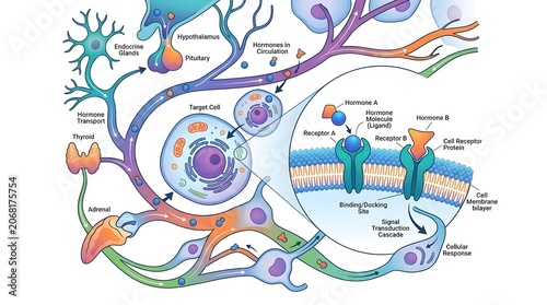 Detailed diagram illustrating the neuroendocrine system, showing neuronal pathways, hormone secretion, target cells, and synaptic transmission.