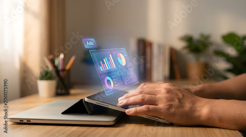 Marketing professional using tablet with holographic ads dashboard showing charts and analytics for digital advertising performance monitoring, online business growth strategy