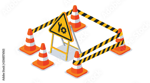 Isometric Maintenance and Under Construction Site Illustration with Traffic Cones and Caution Tape