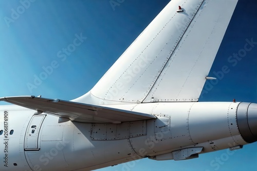 Close-up of aircraft tail assembly, rivets visible, engine, air travel, inspection