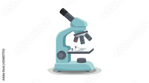 A light blue laboratory microscope with multiple lenses and a stage for specimen slides isolated on a white background
