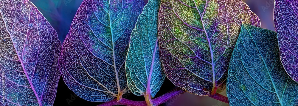Obraz premium Close-up of Translucent Leaves with Glowing Veins Illuminated by Blue Purple and Green Lights Creating an Abstract Sci-Fi Botanical Macro Scene